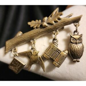 VTG JJ Jonette Jewelry Bird Watching Branch Dangle Brooch Owl Binoculars Gold